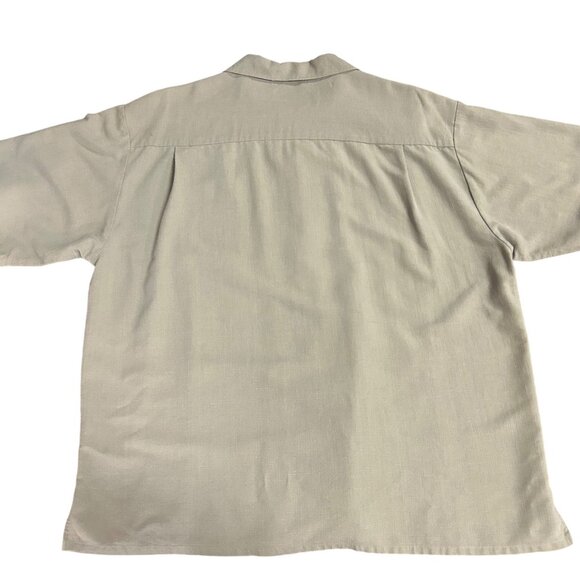 Paradise Blue Men's XL 100% Silk Hawaiian Shirt Palm Trees Olive & Ivory - Picture 5 of 10